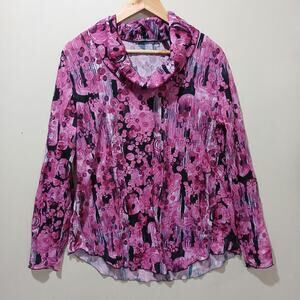 Sno Skins Shirt Womens Large Pink Floral Crinkle Cowl Neck Art To Wear Made USA